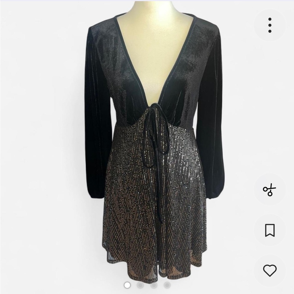 SHEIN Black velvet and gold sparkle mini dress with tie front Size 0XL #glam